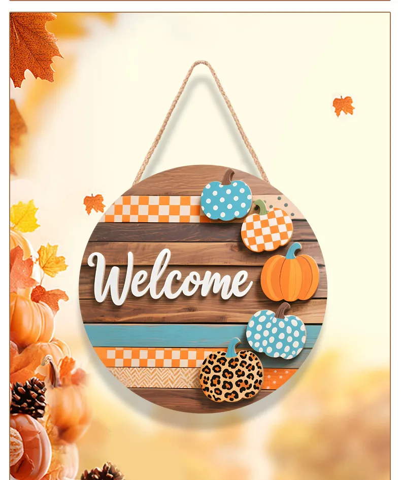 Thanksgiving Wooden Home Decoration Door Plate Round Plate Halloween Wooden Pumpkin Home Wall Decoration Pendant display picture 5