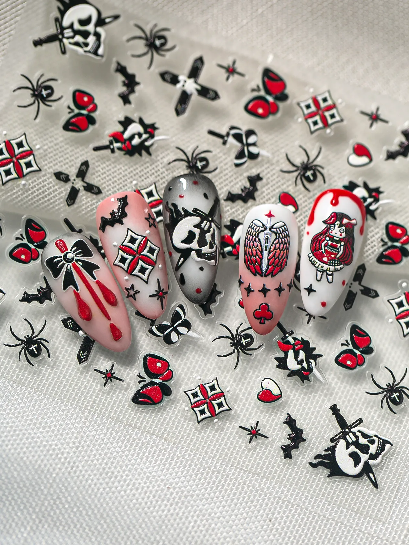 New Dark Halloween Nail Art Stickers 3D Relief Cartoon Cool Rose Butterfly Knot Skull Wings Suitable For DIY And Nail Salon display picture 1