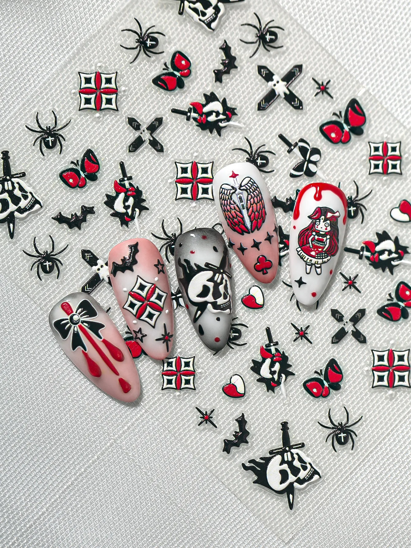 New Dark Halloween Nail Art Stickers 3D Relief Cartoon Cool Rose Butterfly Knot Skull Wings Suitable For DIY And Nail Salon display picture 3