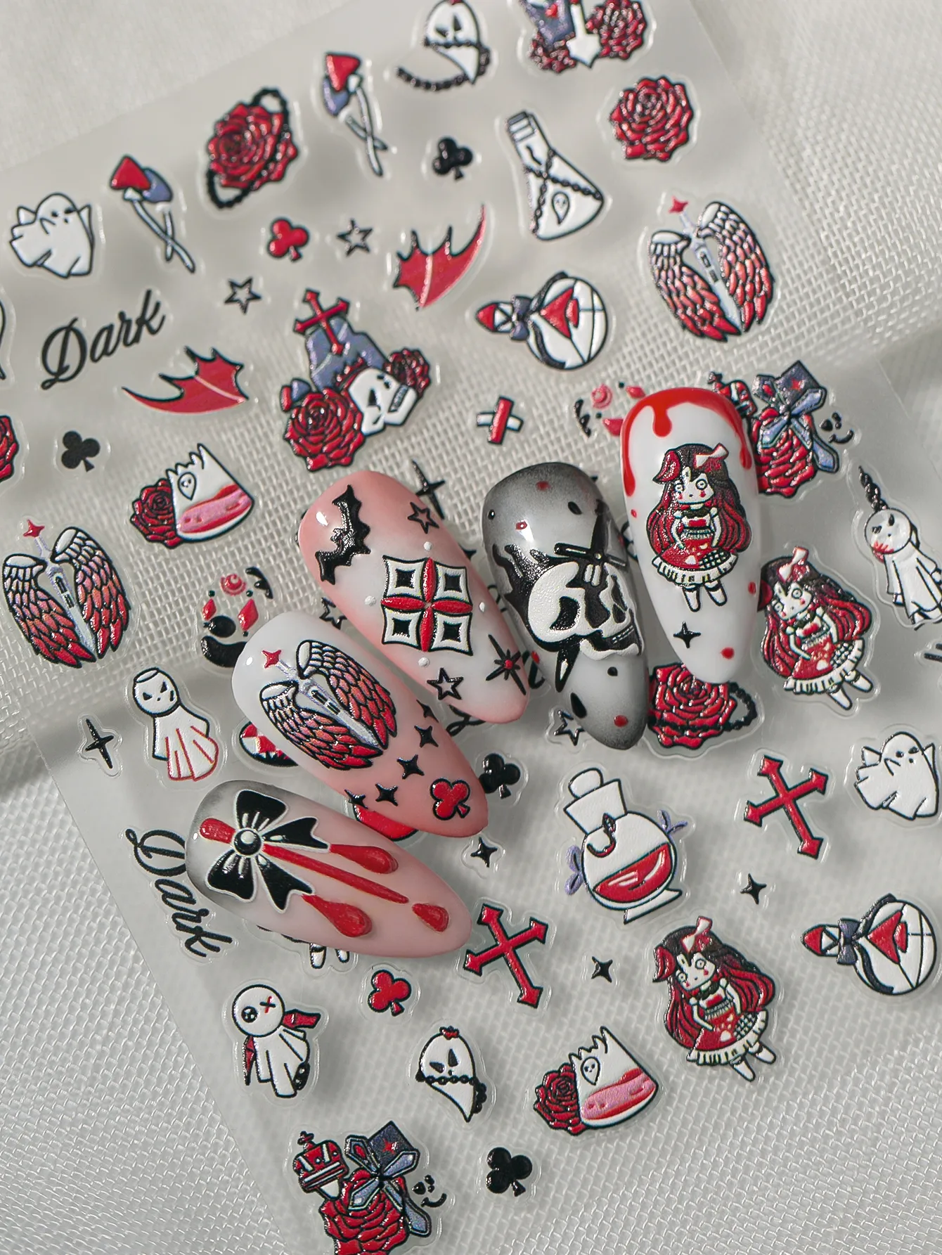 New Dark Halloween Nail Art Stickers 3D Relief Cartoon Cool Rose Butterfly Knot Skull Wings Suitable For DIY And Nail Salon display picture 5