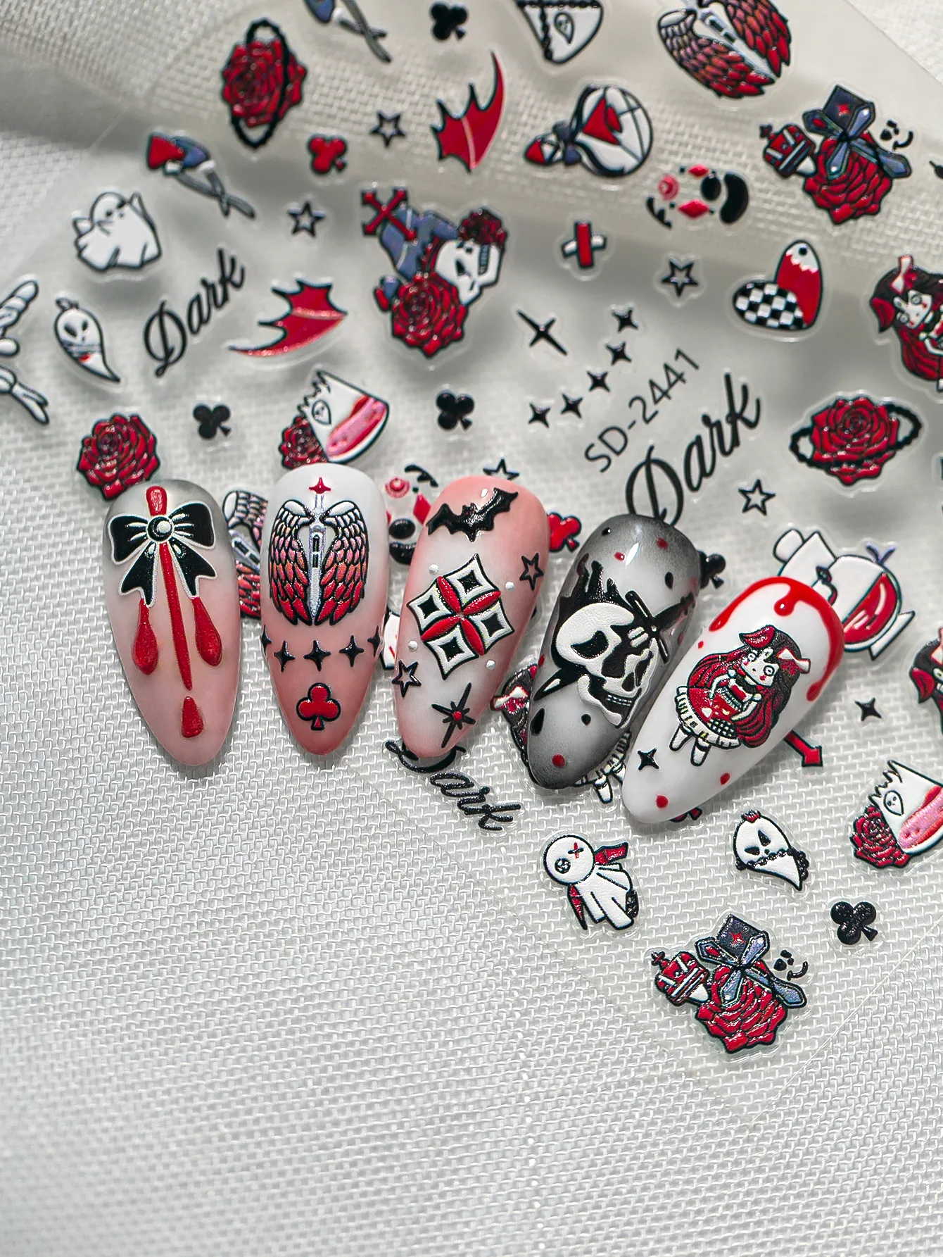 New Dark Halloween Nail Art Stickers 3D Relief Cartoon Cool Rose Butterfly Knot Skull Wings Suitable For DIY And Nail Salon display picture 7