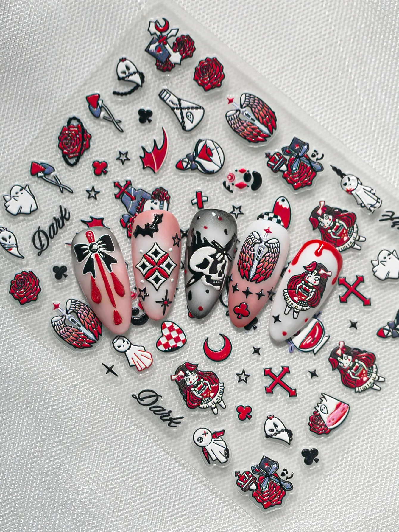 New Dark Halloween Nail Art Stickers 3D Relief Cartoon Cool Rose Butterfly Knot Skull Wings Suitable For DIY And Nail Salon display picture 6