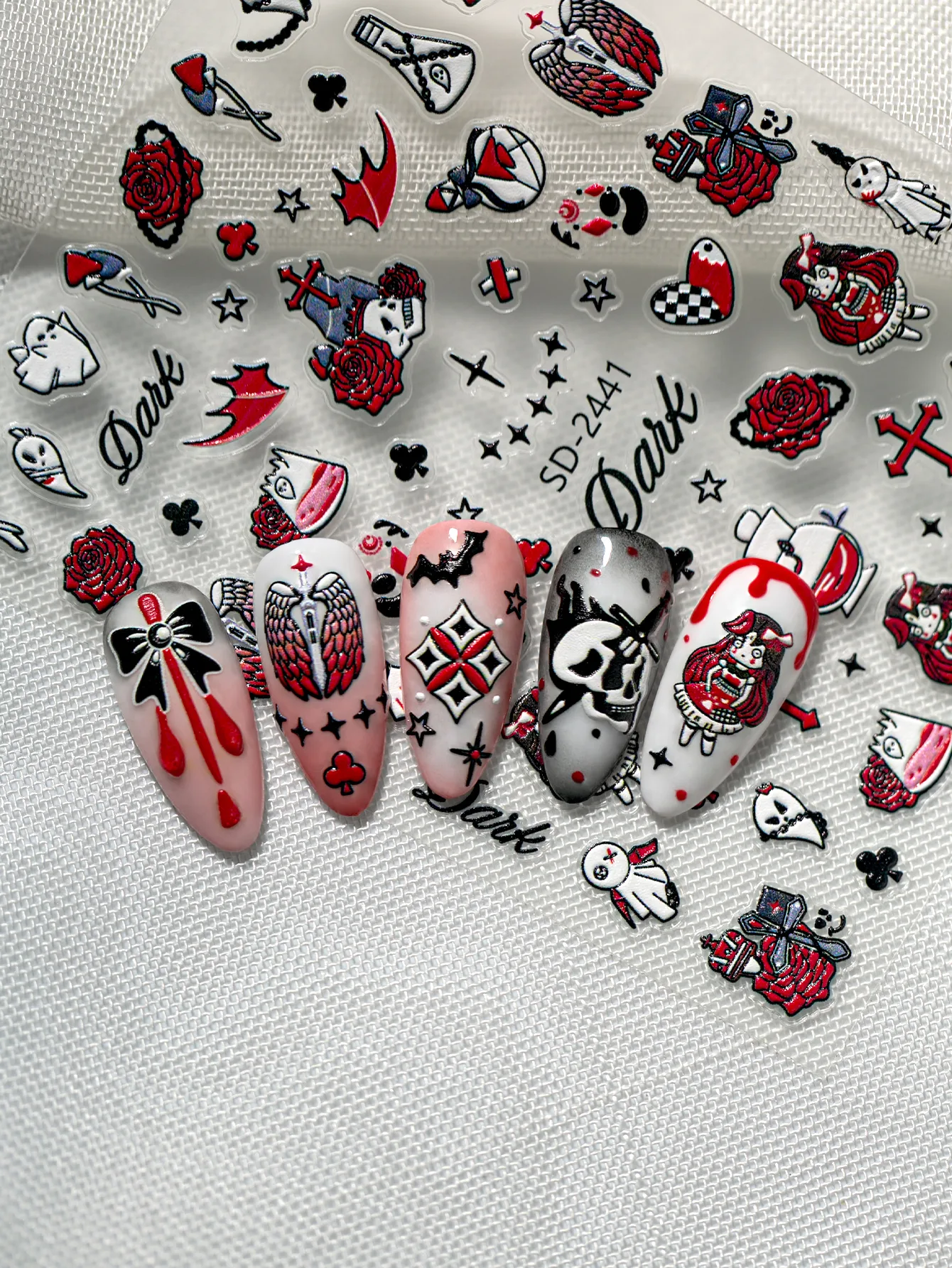 New Dark Halloween Nail Art Stickers 3D Relief Cartoon Cool Rose Butterfly Knot Skull Wings Suitable For DIY And Nail Salon display picture 8