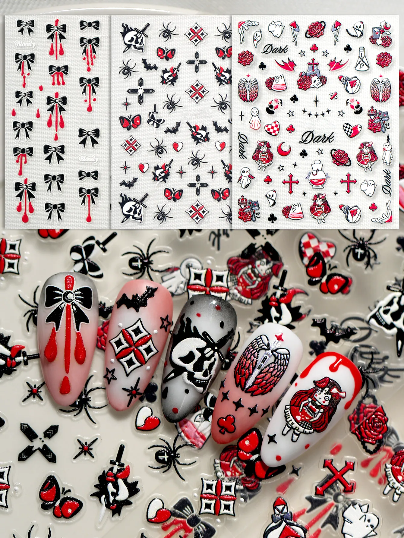 New Dark Halloween Nail Art Stickers 3D Relief Cartoon Cool Rose Butterfly Knot Skull Wings Suitable For DIY And Nail Salon display picture 13