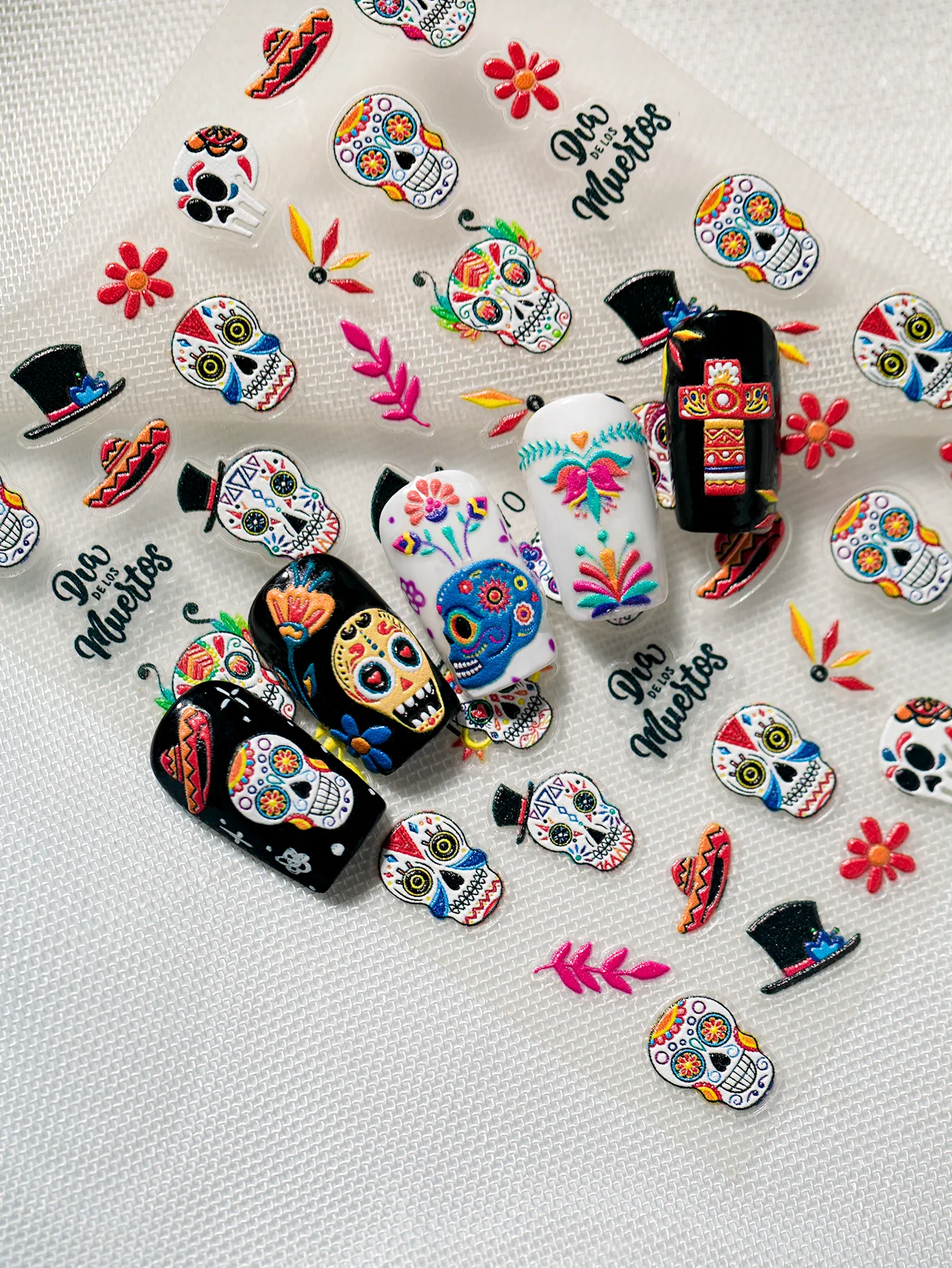 3D Embossed Halloween Art Nail Stickers Skull Head Flower Cross Bird Pepper Suitable For DIY Nail Art And Salon Use display picture 3