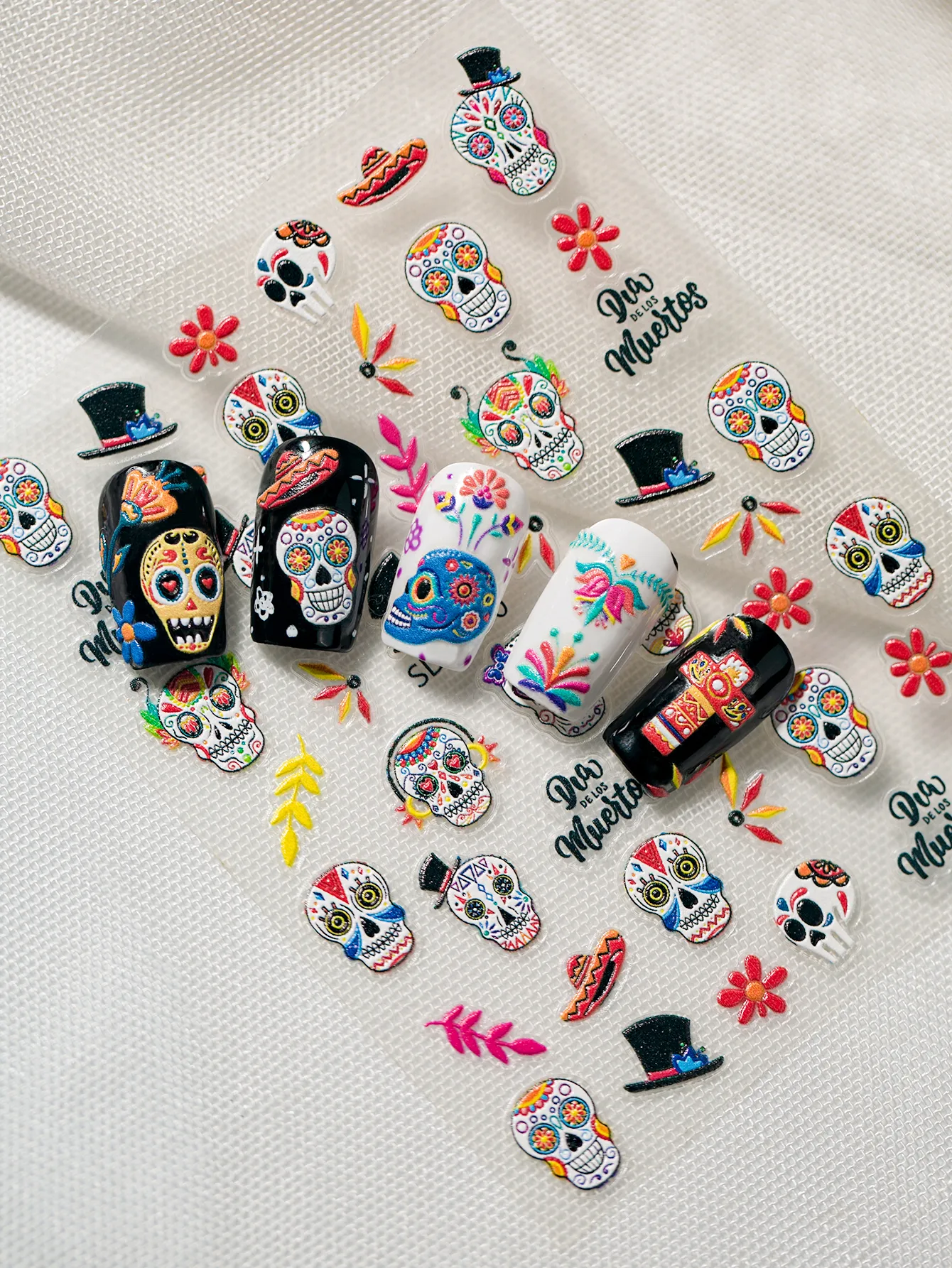 3D Embossed Halloween Art Nail Stickers Skull Head Flower Cross Bird Pepper Suitable For DIY Nail Art And Salon Use display picture 1