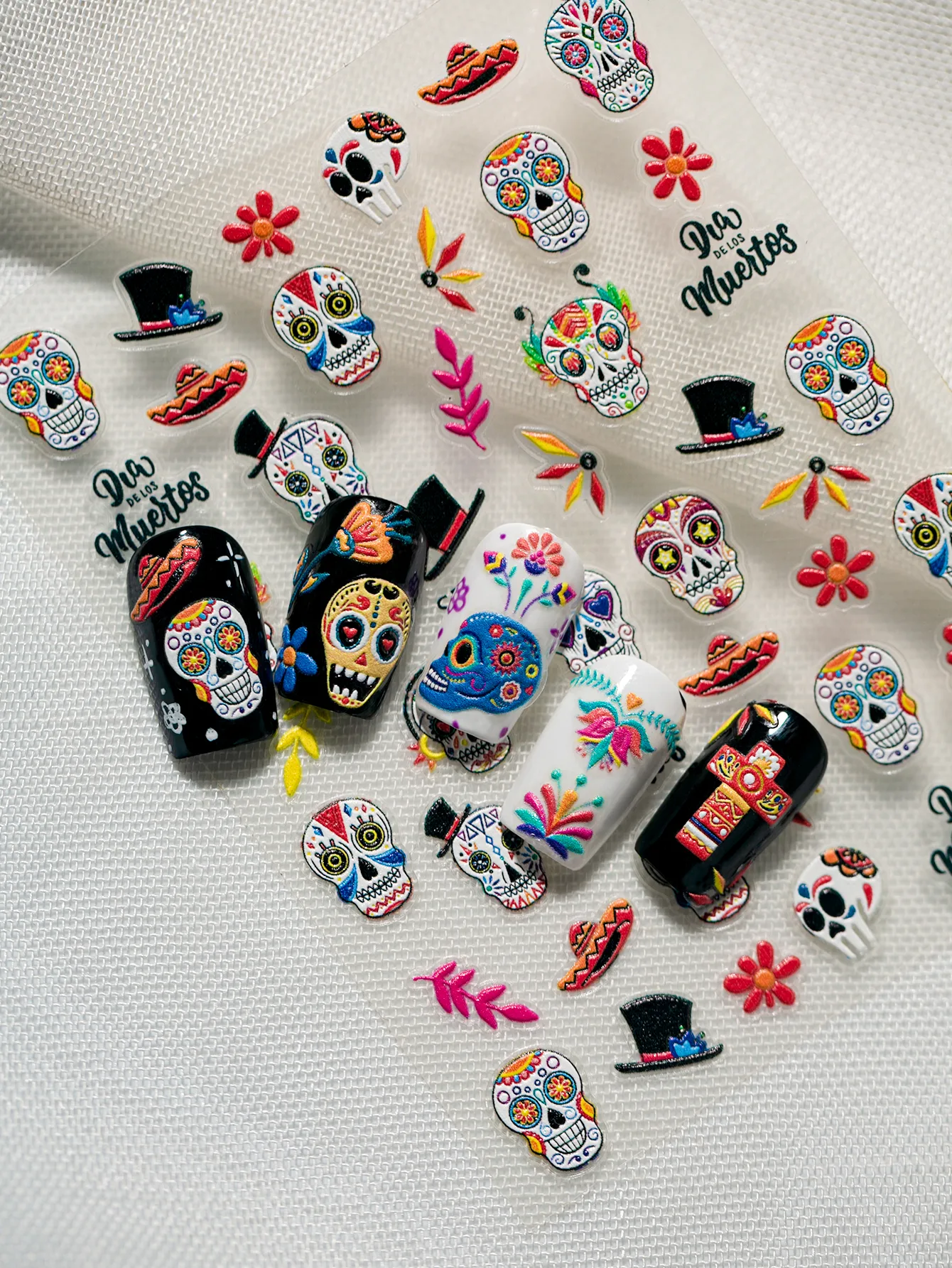3D Embossed Halloween Art Nail Stickers Skull Head Flower Cross Bird Pepper Suitable For DIY Nail Art And Salon Use display picture 2