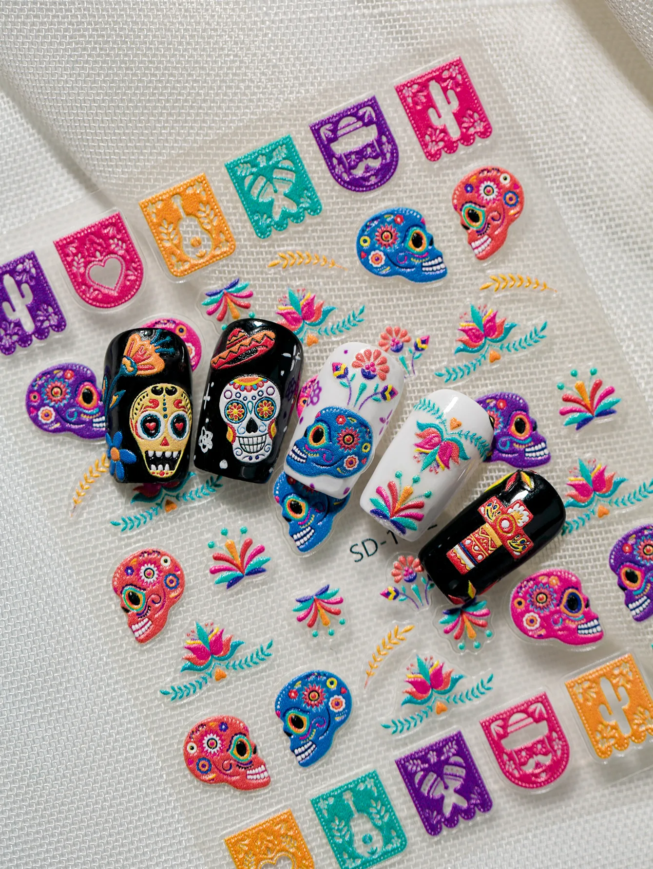3D Embossed Halloween Art Nail Stickers Skull Head Flower Cross Bird Pepper Suitable For DIY Nail Art And Salon Use display picture 7