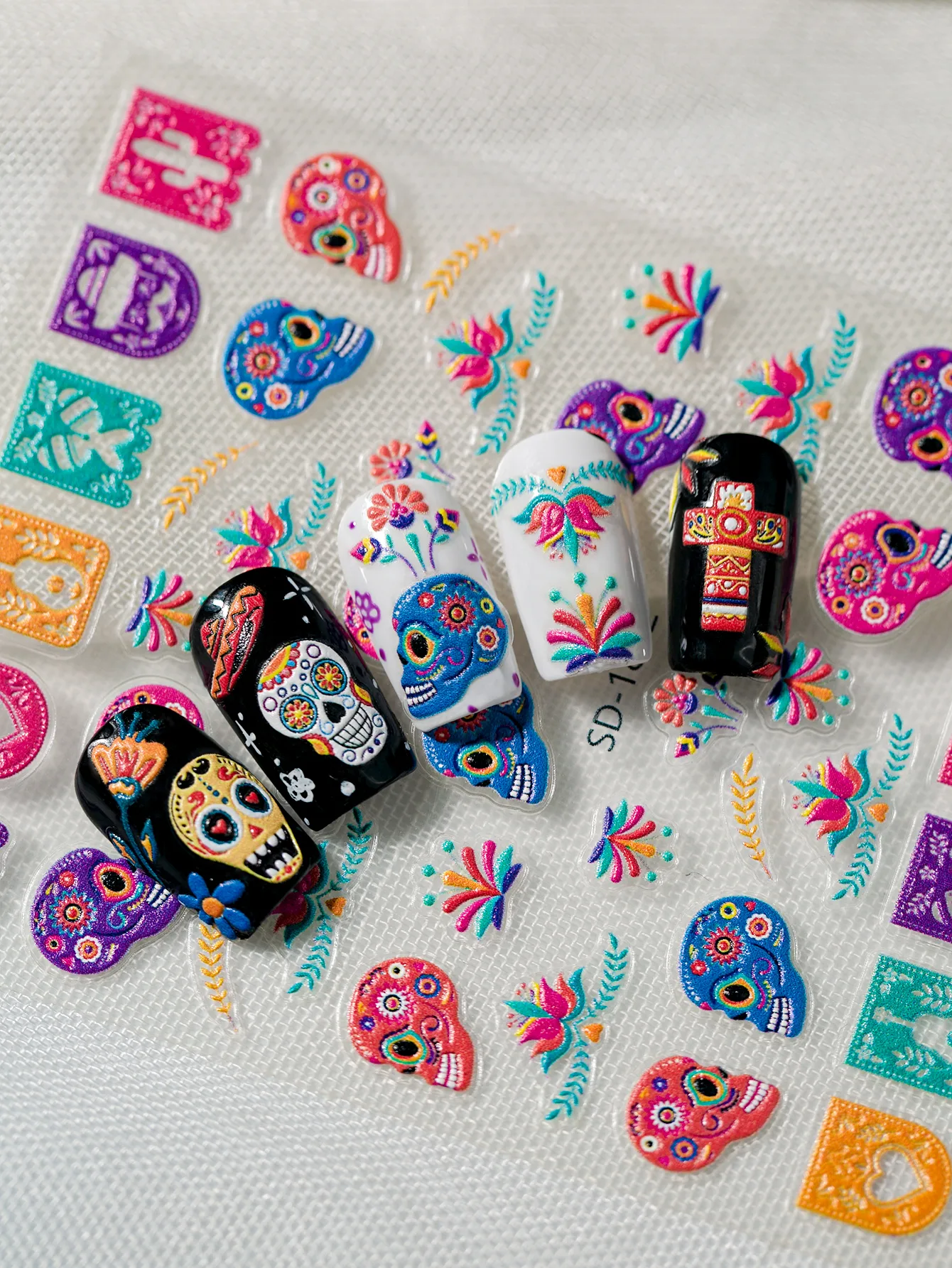 3D Embossed Halloween Art Nail Stickers Skull Head Flower Cross Bird Pepper Suitable For DIY Nail Art And Salon Use display picture 10