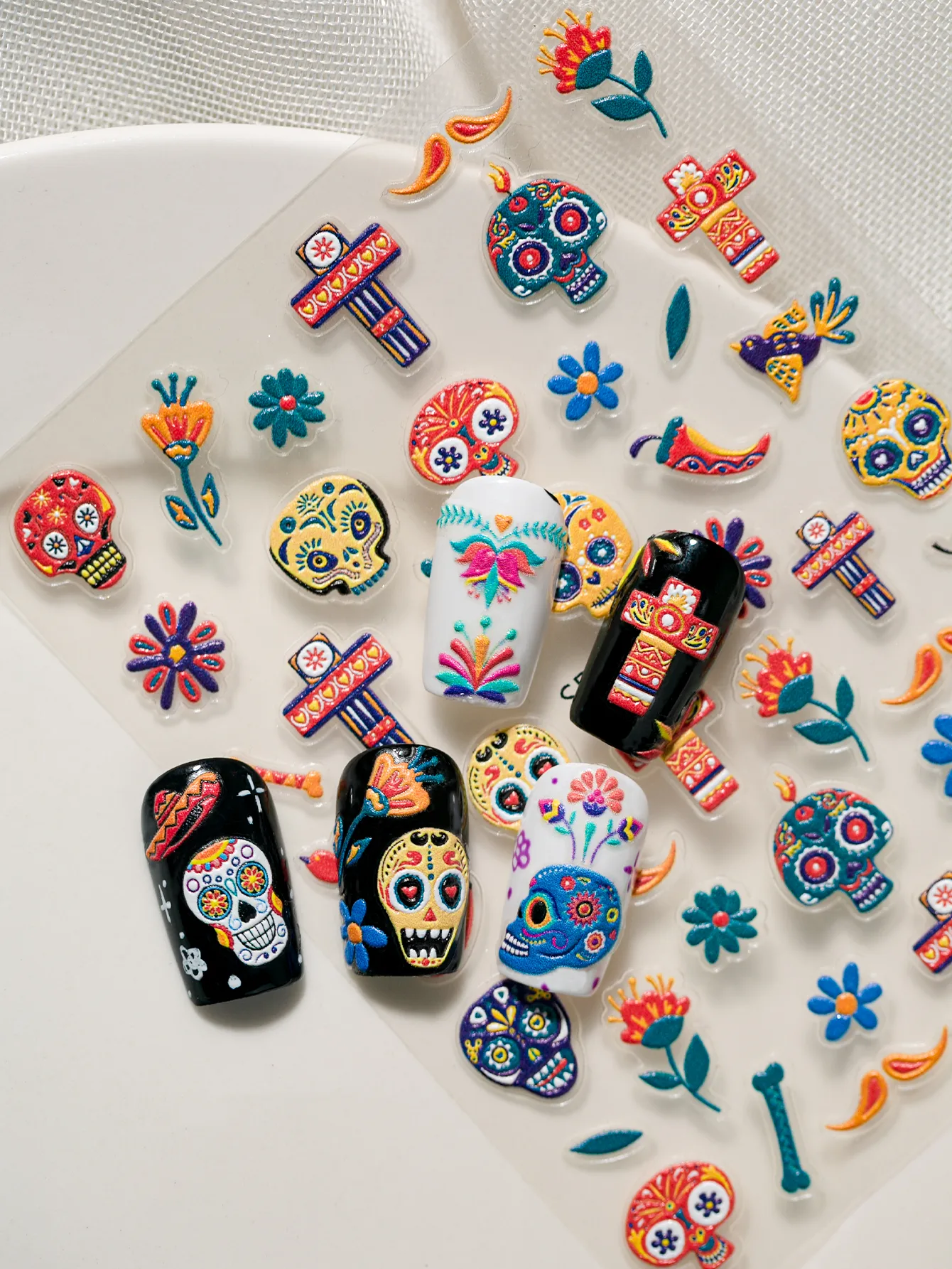 3D Embossed Halloween Art Nail Stickers Skull Head Flower Cross Bird Pepper Suitable For DIY Nail Art And Salon Use display picture 13