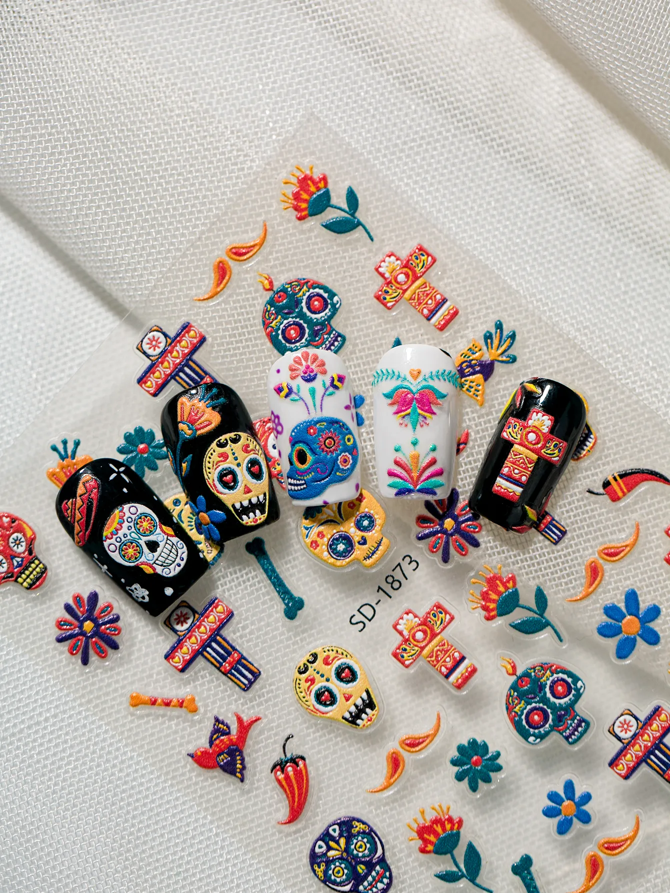 3D Embossed Halloween Art Nail Stickers Skull Head Flower Cross Bird Pepper Suitable For DIY Nail Art And Salon Use display picture 14