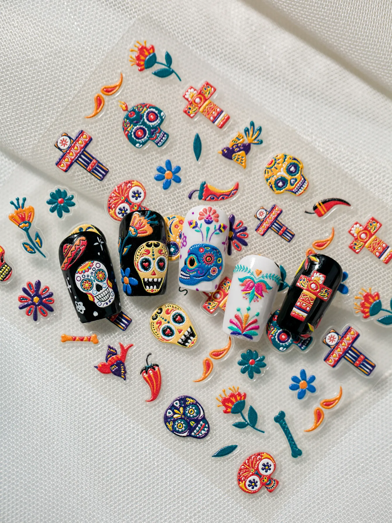 3D Embossed Halloween Art Nail Stickers Skull Head Flower Cross Bird Pepper Suitable For DIY Nail Art And Salon Use display picture 15