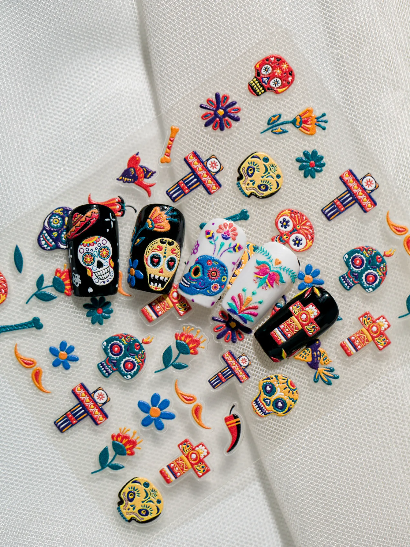 3D Embossed Halloween Art Nail Stickers Skull Head Flower Cross Bird Pepper Suitable For DIY Nail Art And Salon Use display picture 16