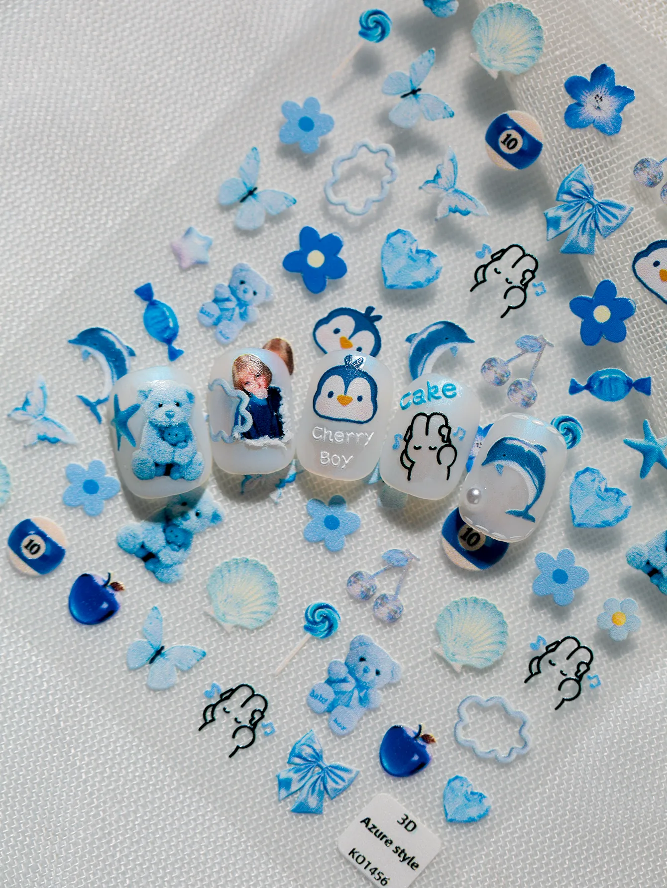 Cute Ocean-Themed Nail Art Stickers With Flowers Hearts Dolphins Penguins Bears Cherries Butterflies Shells Suitable For DIY And Salons display picture 6
