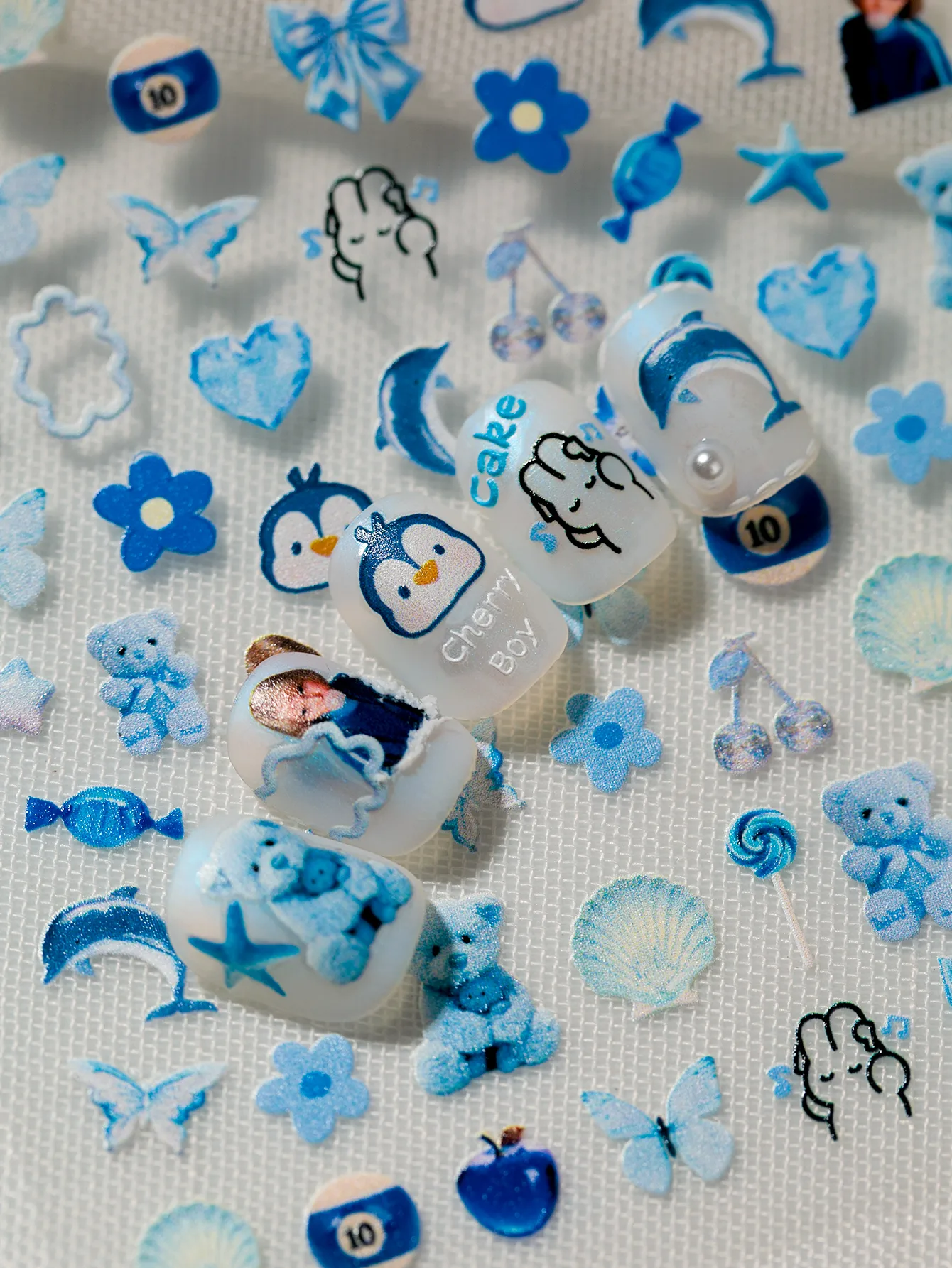 Cute Ocean-Themed Nail Art Stickers With Flowers Hearts Dolphins Penguins Bears Cherries Butterflies Shells Suitable For DIY And Salons display picture 2