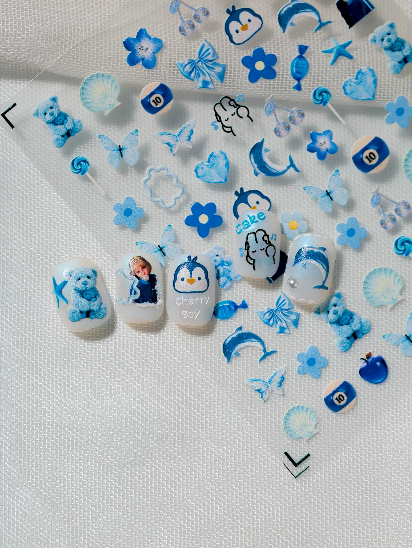 Cute Ocean-Themed Nail Art Stickers With Flowers Hearts Dolphins Penguins Bears Cherries Butterflies Shells Suitable For DIY And Salons display picture 3