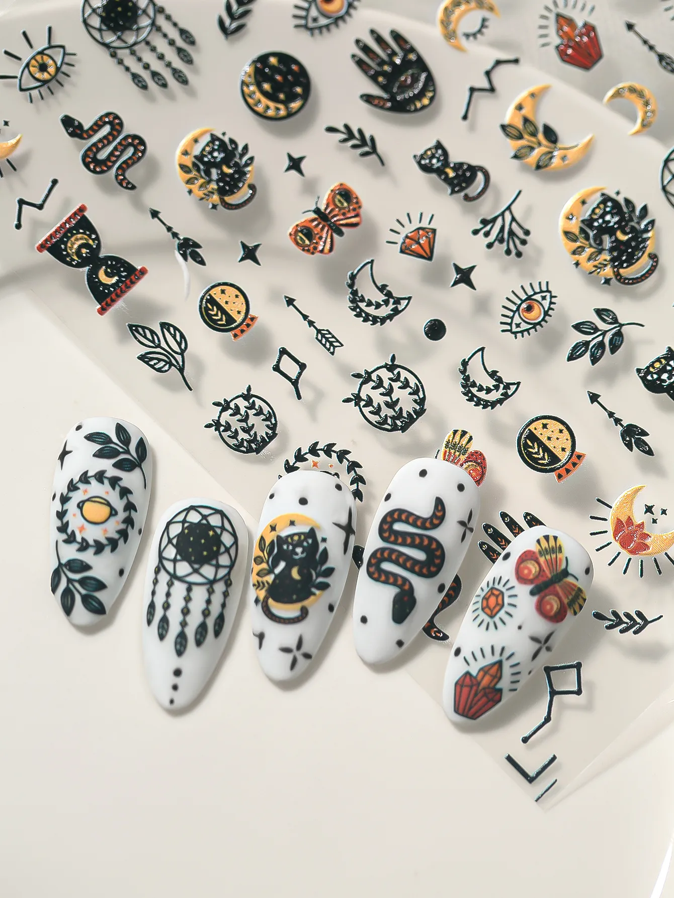 Gothic Style Nail Art Stickers Black Cat Dream Catcher Eye Hand Arrow Sandglass Crystal Design Personalized Artistic Manicure Effects display picture 2