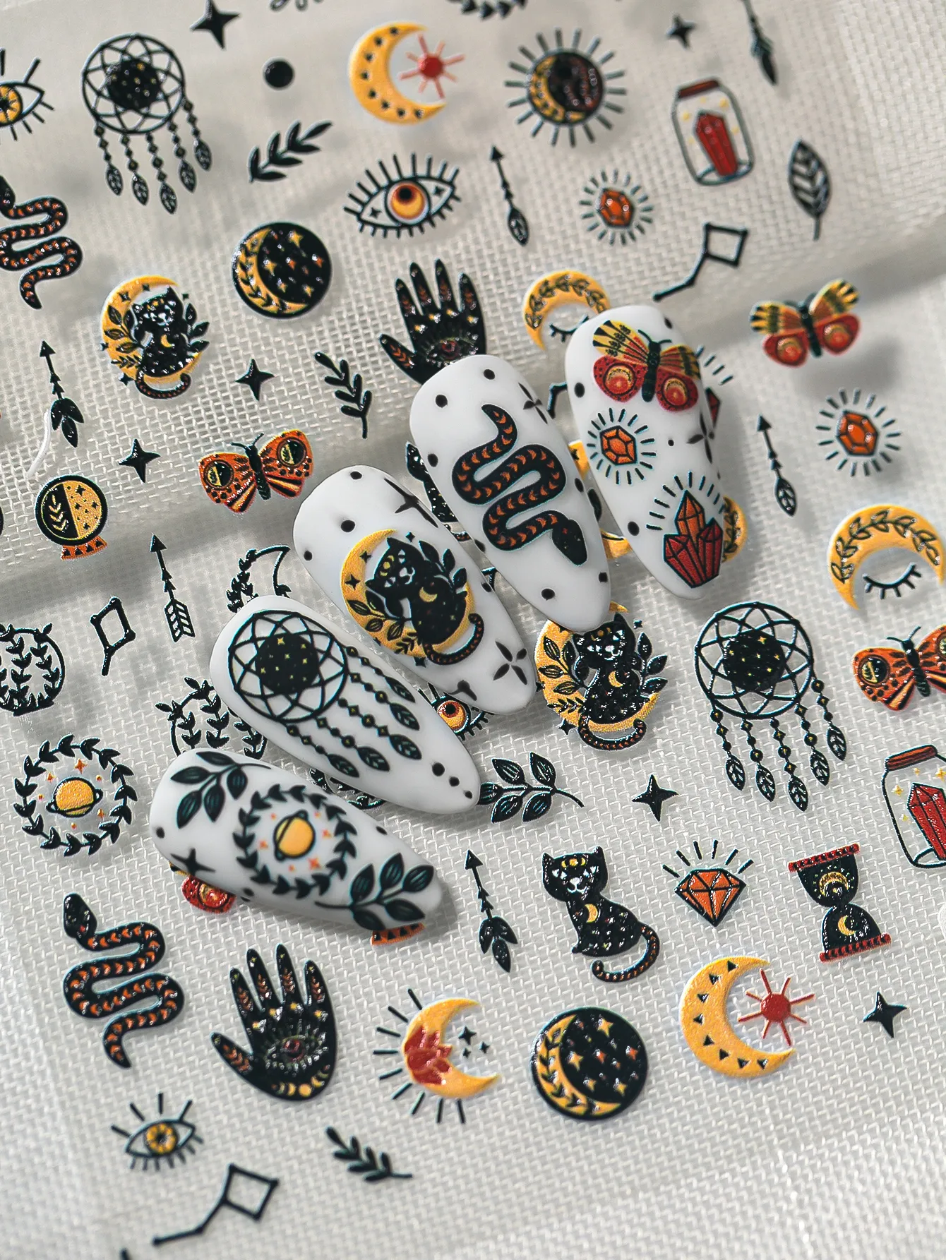 Gothic Style Nail Art Stickers Black Cat Dream Catcher Eye Hand Arrow Sandglass Crystal Design Personalized Artistic Manicure Effects display picture 6