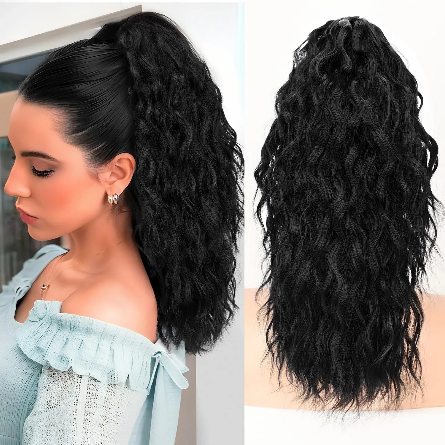 Long Curling Hair Extensions For Women Cornrows Water Wave Texture Ponytail Hairpiece Accessory Casual Weekend Home Party Streetwear display picture 8
