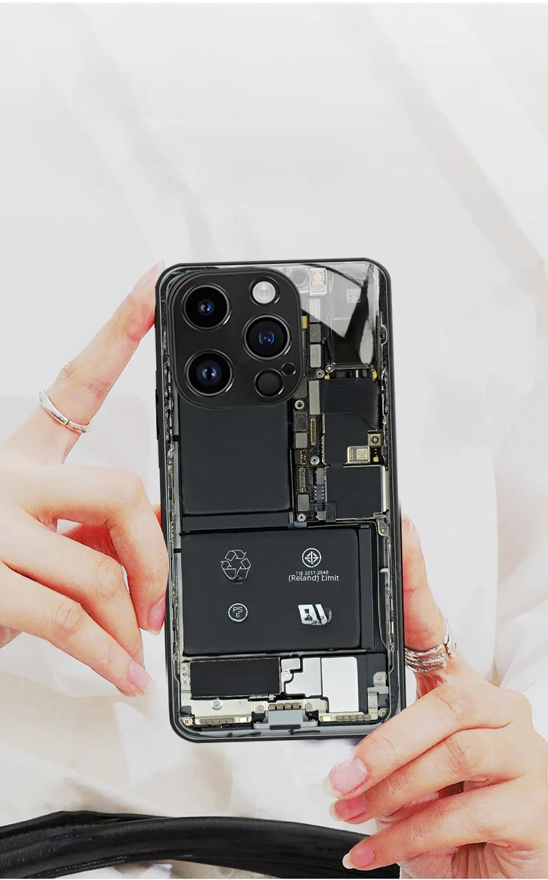 Cool Circuit Board Apple IPhone 15 16 Glass Phone Case Men's Protective Cover Art Fashion Multicolor Black display picture 2