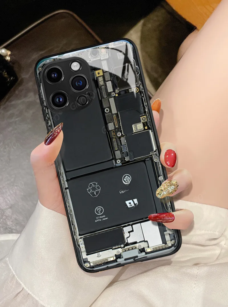 Cool Circuit Board Apple IPhone 15 16 Glass Phone Case Men's Protective Cover Art Fashion Multicolor Black display picture 7