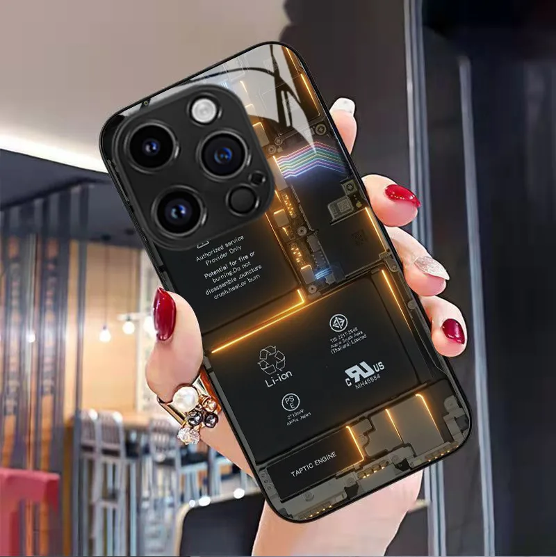 Cool Circuit Board Apple IPhone 15 16 Glass Phone Case Men's Protective Cover Art Fashion Multicolor Black display picture 13