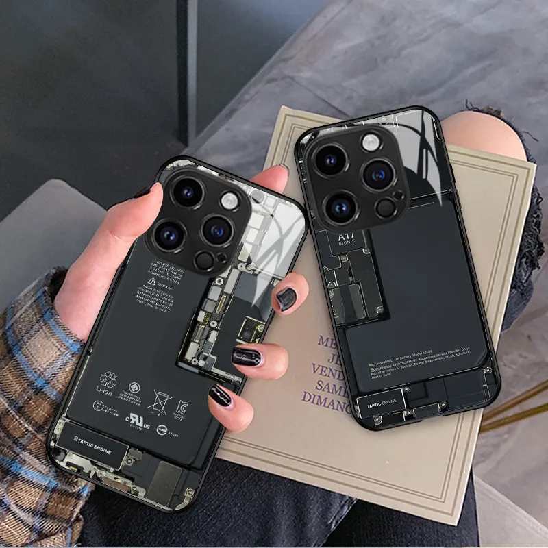Cool Circuit Board Apple IPhone 15 16 Glass Phone Case Men's Protective Cover Art Fashion Multicolor Black display picture 14