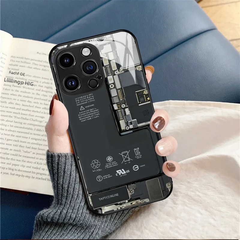 Cool Circuit Board Apple IPhone 15 16 Glass Phone Case Men's Protective Cover Art Fashion Multicolor Black display picture 15