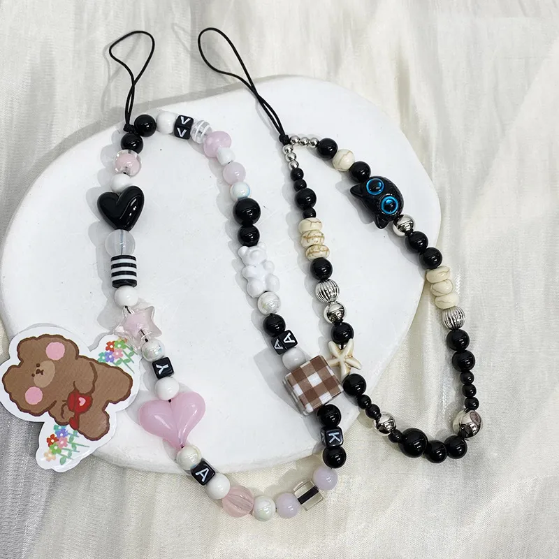 Black Handmade Beaded Mobile Phone Charm Cool Sweet High-End Feelings Camera Lanyard Alloy Plastic Buckle Nylon display picture 2