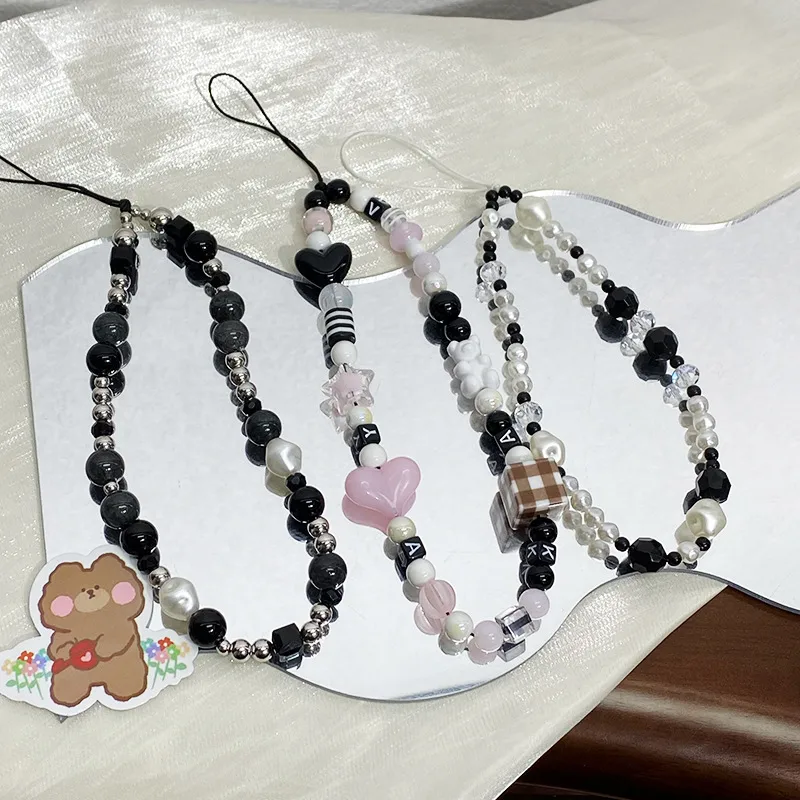 Black Handmade Beaded Mobile Phone Charm Cool Sweet High-End Feelings Camera Lanyard Alloy Plastic Buckle Nylon display picture 5