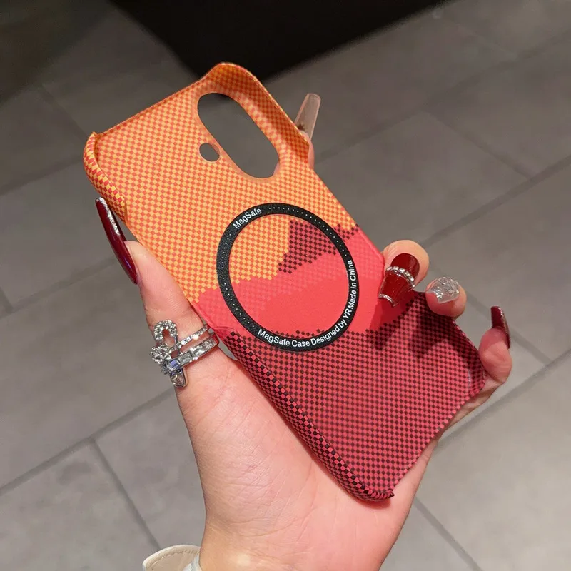 Ultra-Thin Carbon Fiber Texture Magnetic Half Pack Iphone16pro Phone Case Original Simplicity Style Orange Blue Black display picture 2