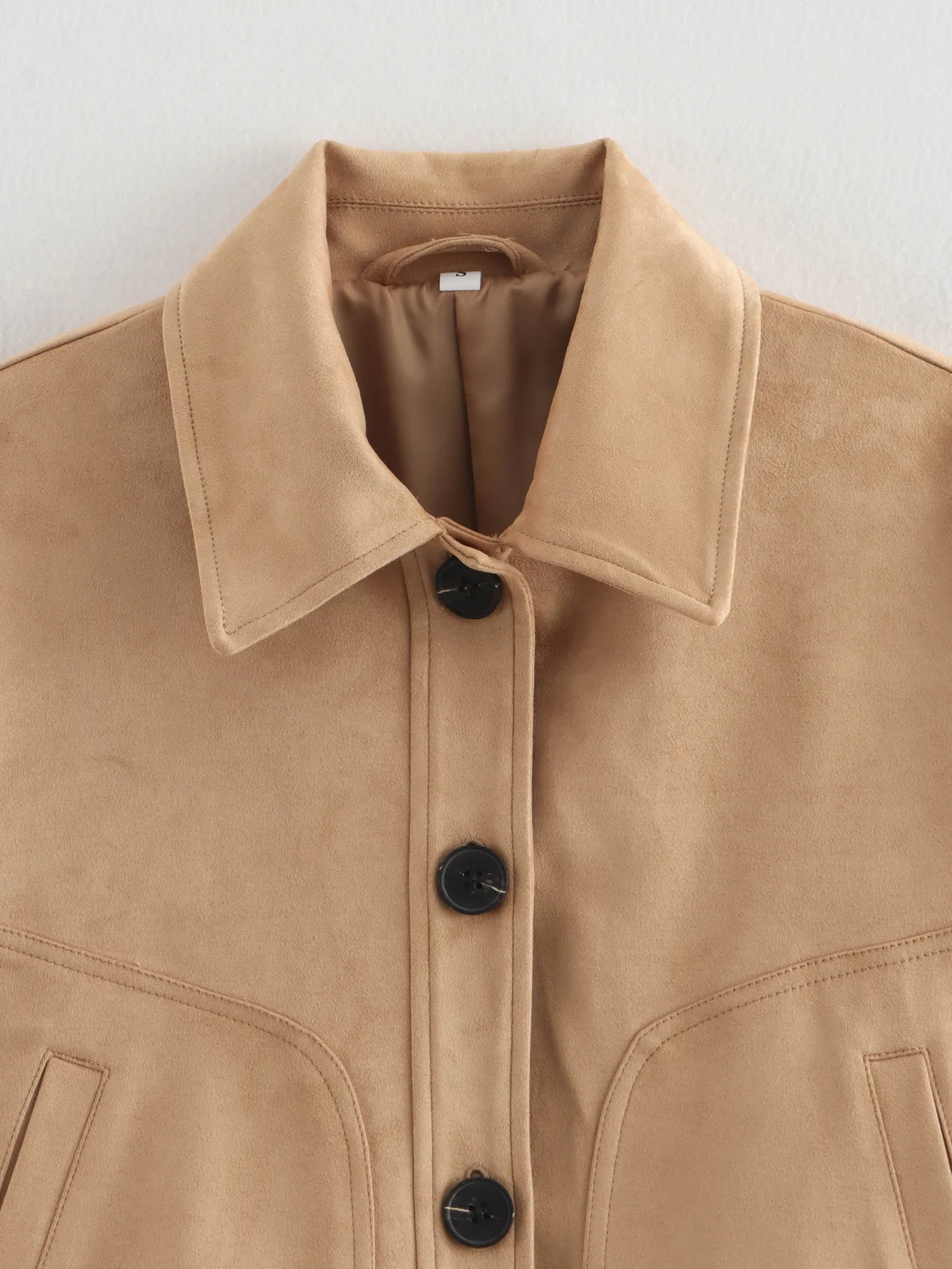 Fashionable Short Leather Jacket Women's Elegant Style With Big Pockets Polyester Fabric Long Sleeve Pure Color Outerwear display picture 5