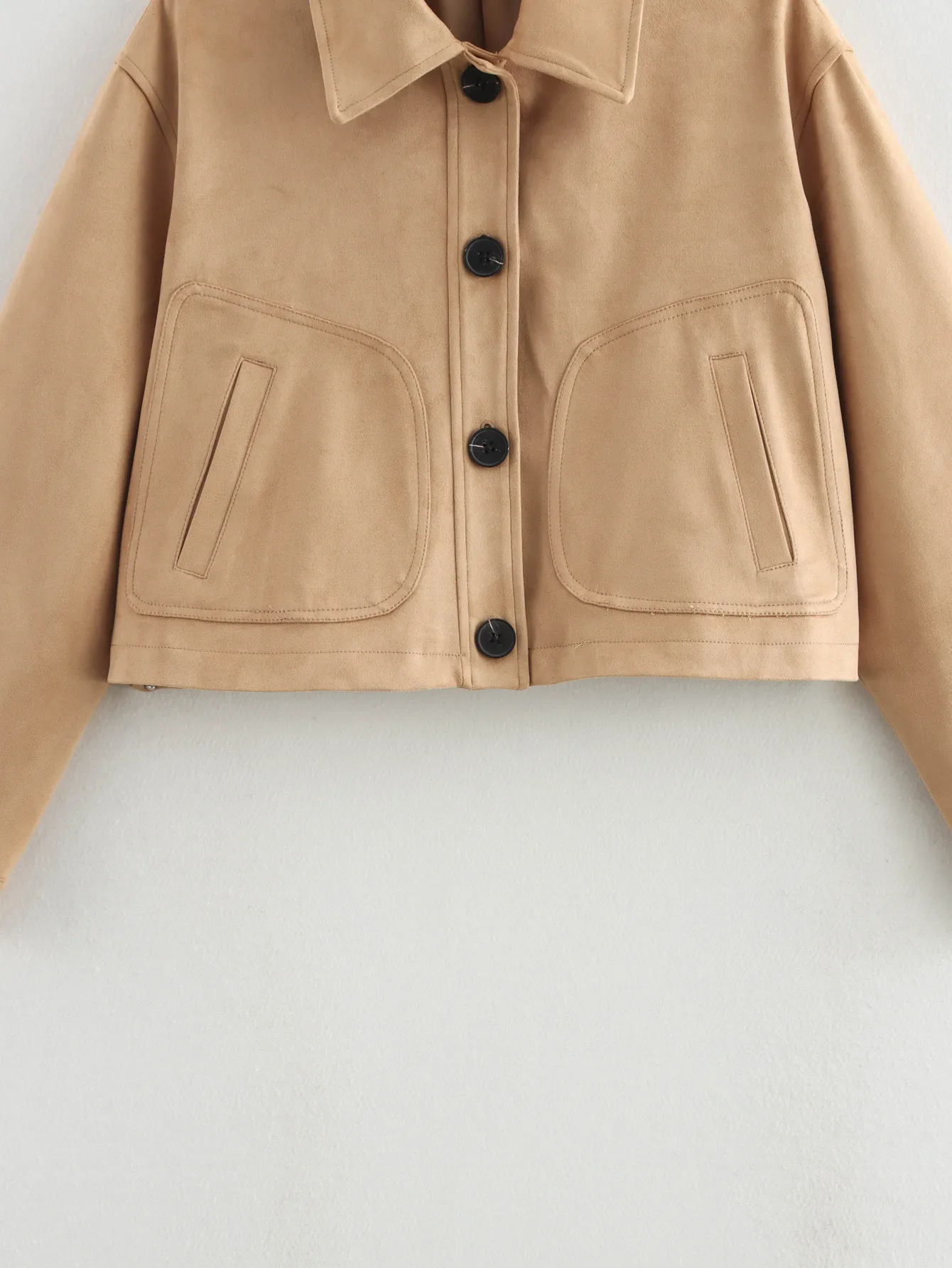 Fashionable Short Leather Jacket Women's Elegant Style With Big Pockets Polyester Fabric Long Sleeve Pure Color Outerwear display picture 6