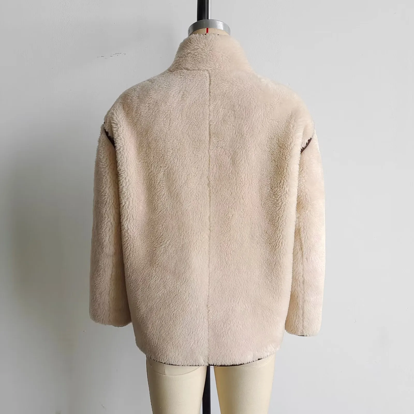Fashionable Casual Short Plush Lined Leather And Fur Jacket Women's Elegant Long Sleeve Stand Collar Outerwear Single Button display picture 7