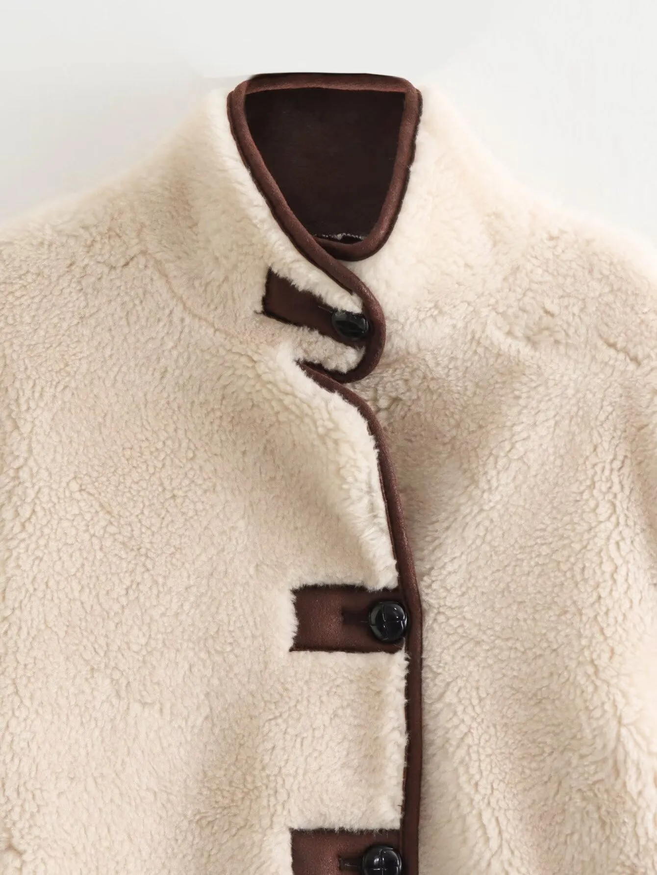 Fashionable Casual Short Plush Lined Leather And Fur Jacket Women's Elegant Long Sleeve Stand Collar Outerwear Single Button display picture 9