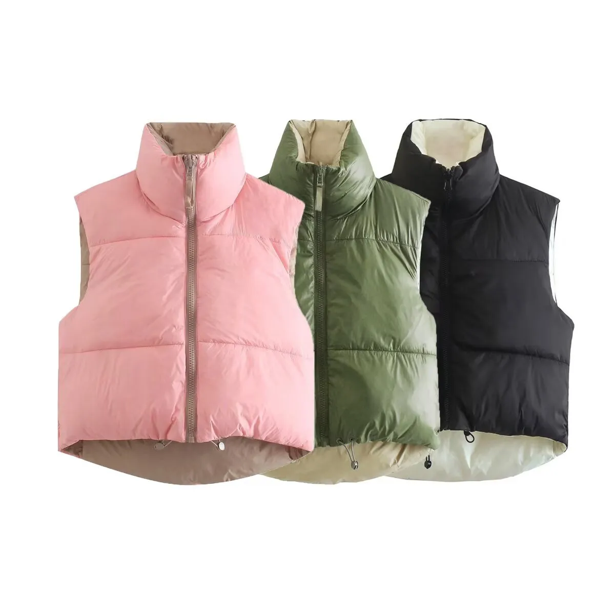 Double-Sided Cotton Vest Autumn Winter Hit  Style Street Fashion Short Sleeve Stand Collar Zipper Closure Women's Cotton Vest display picture 6