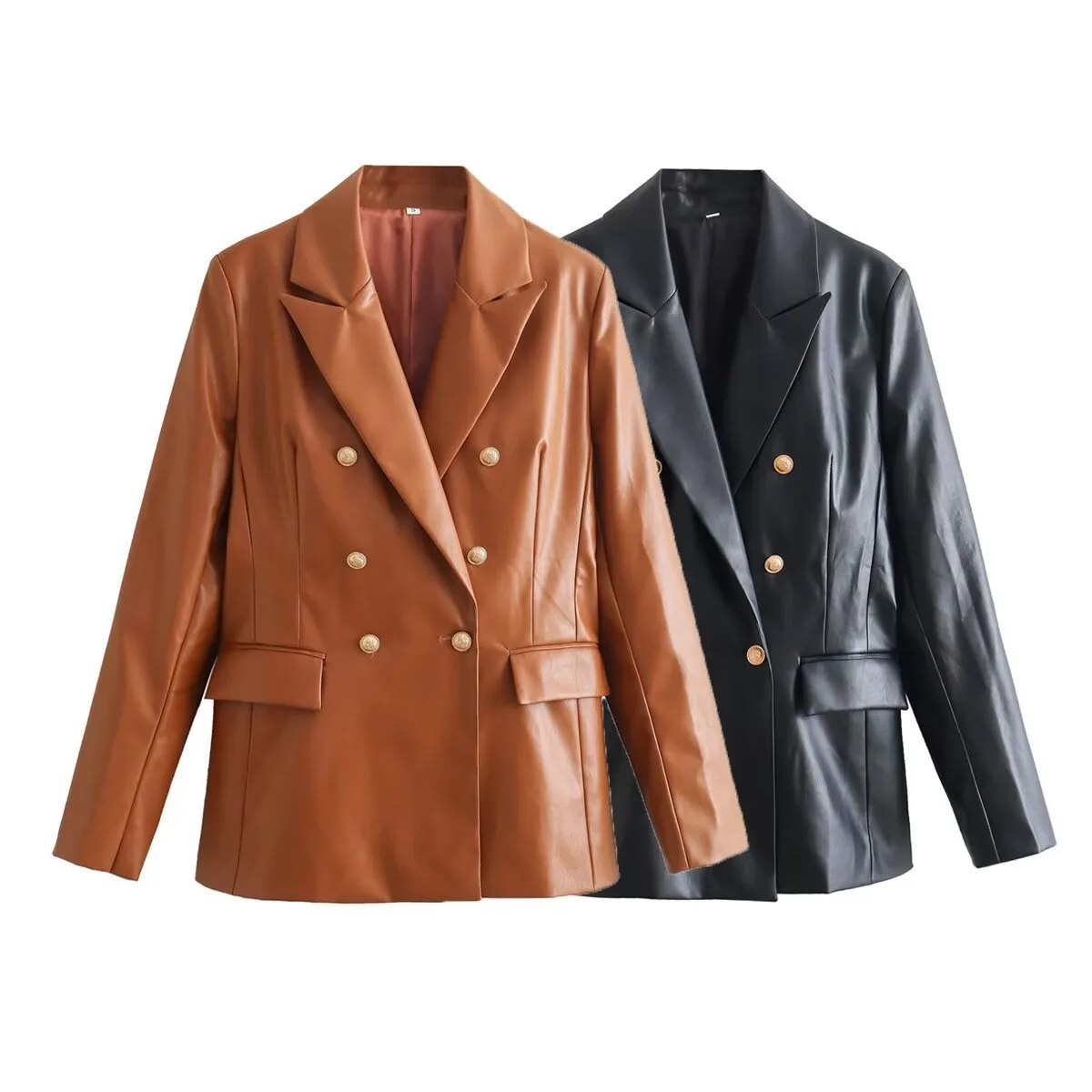 Elegant PU Leather Suit Jacket Women's Fashion Outerwear European Style Long Sleeve Short Coat Pure Color Double Breasted display picture 1