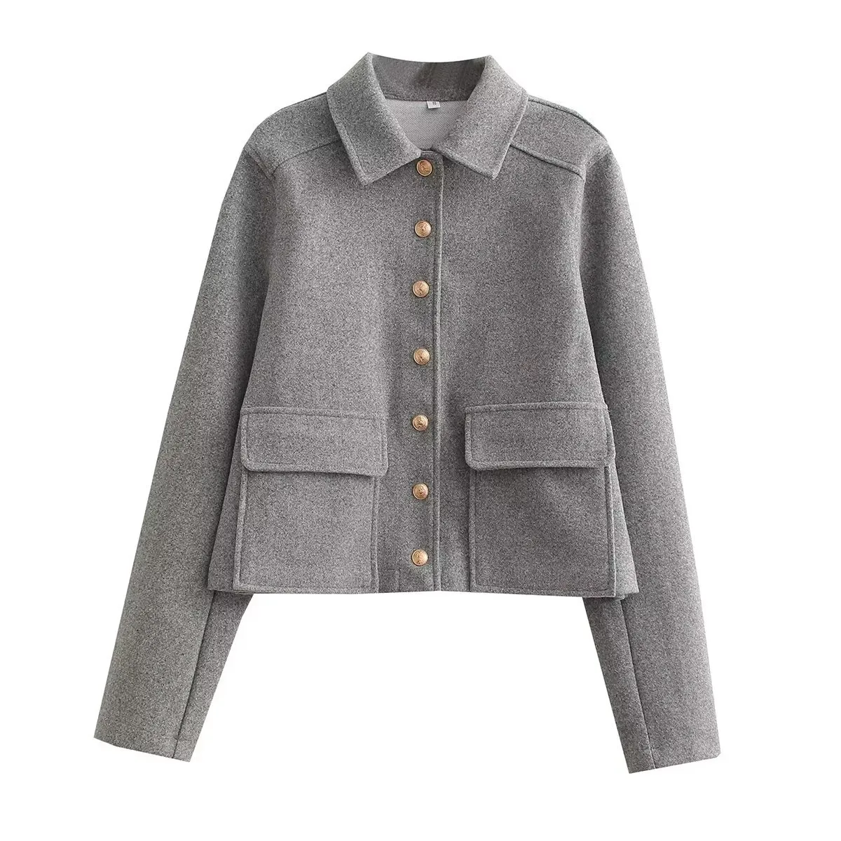 Fashionable Soft Metal Buckle Decorative Jacket Elegant Long Sleeve Short Length Polyester Women's Outerwear Pure Color display picture 4