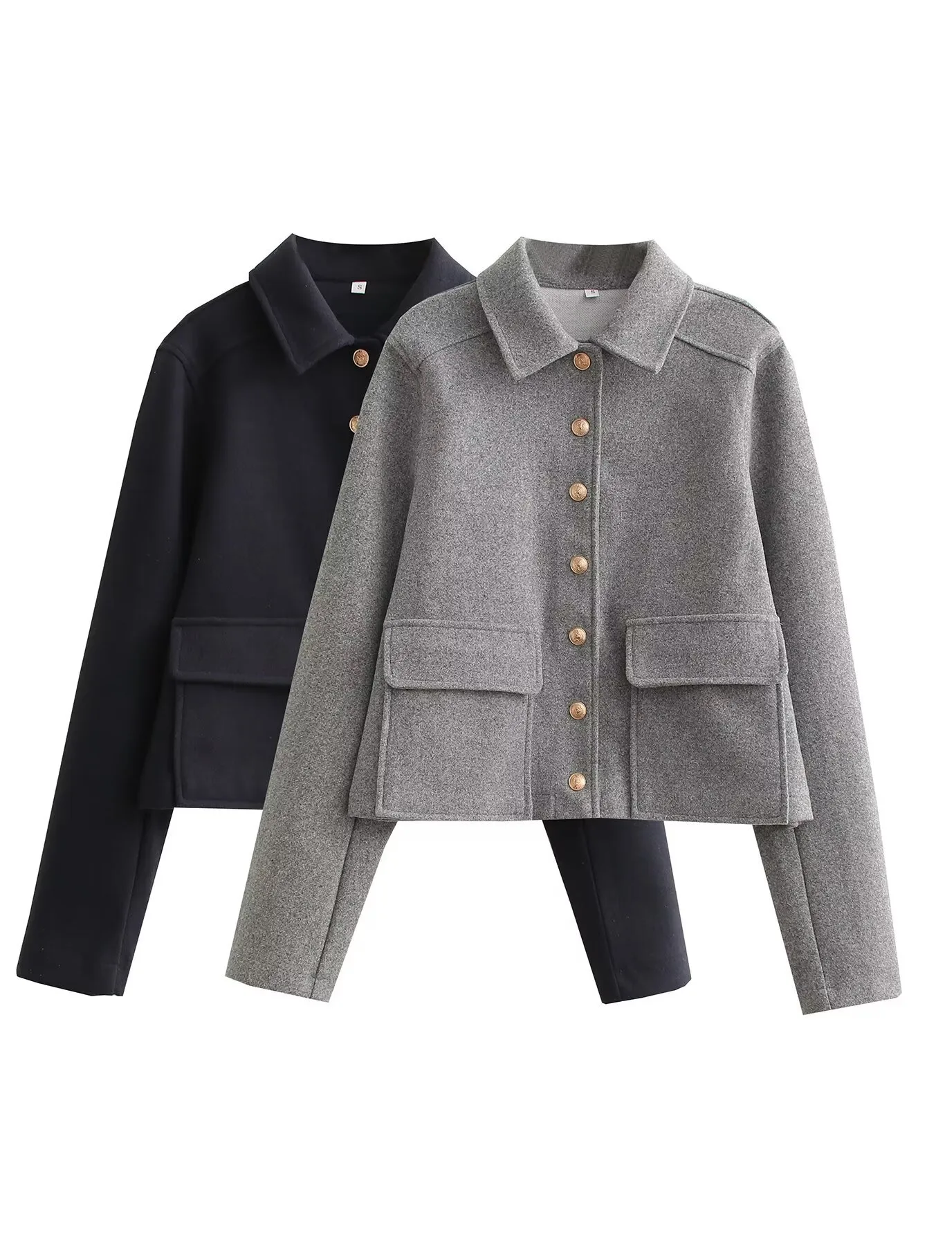 Fashionable Soft Metal Buckle Decorative Jacket Elegant Long Sleeve Short Length Polyester Women's Outerwear Pure Color display picture 2