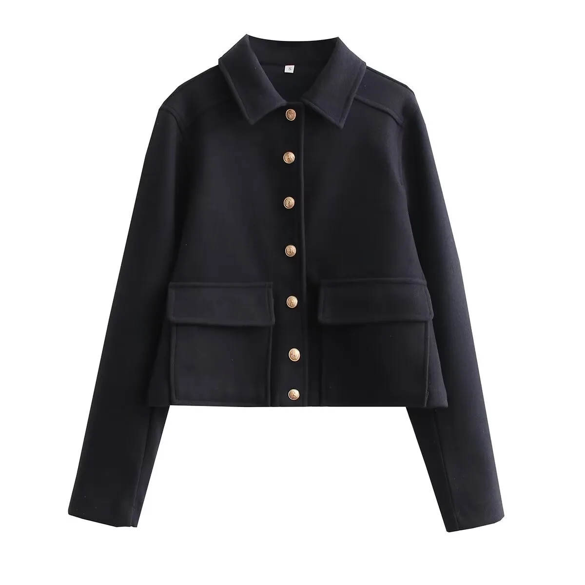 Fashionable Soft Metal Buckle Decorative Jacket Elegant Long Sleeve Short Length Polyester Women's Outerwear Pure Color display picture 3