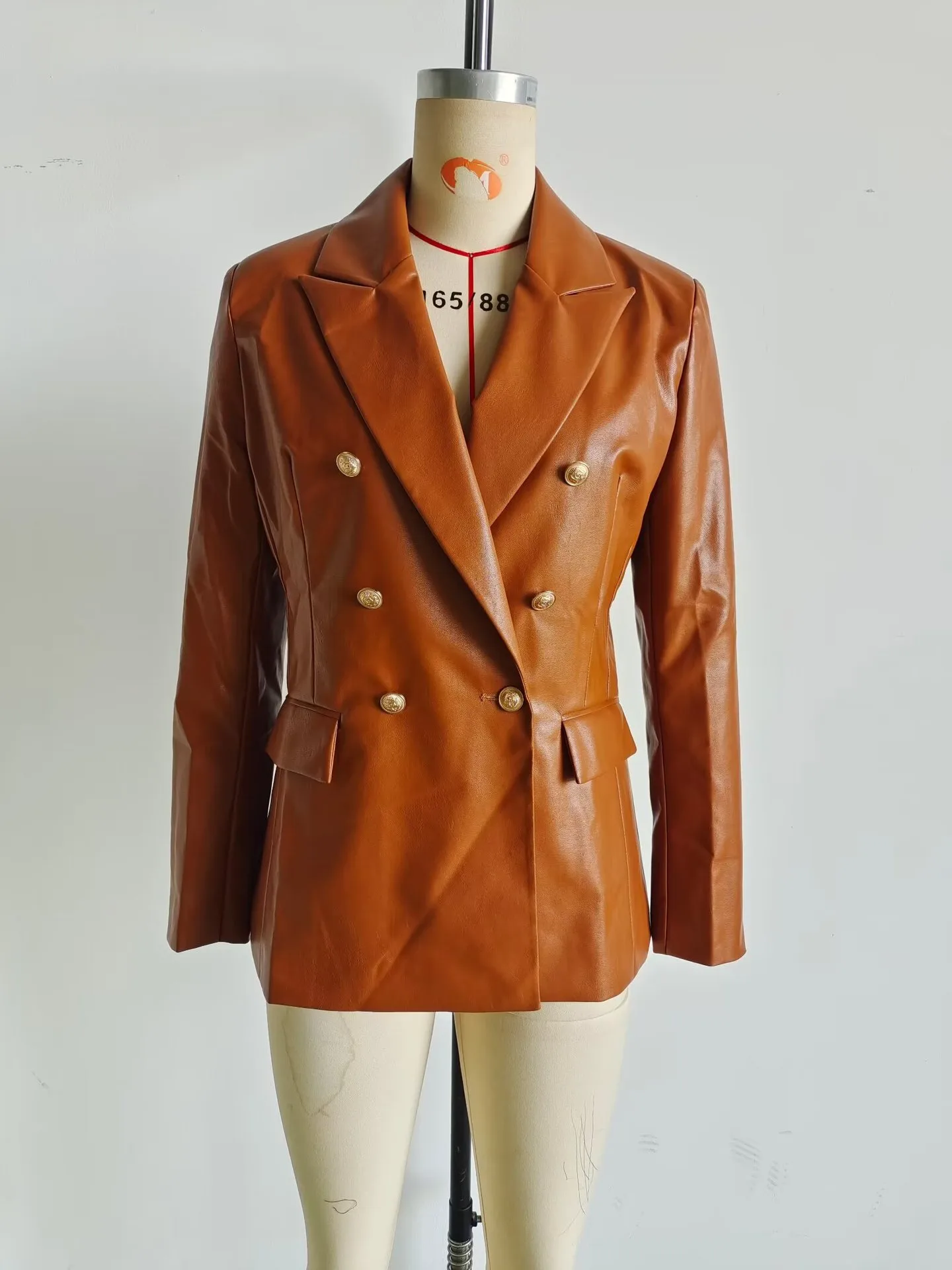 Elegant PU Leather Suit Jacket Women's Fashion Outerwear European Style Long Sleeve Short Coat Pure Color Double Breasted display picture 16