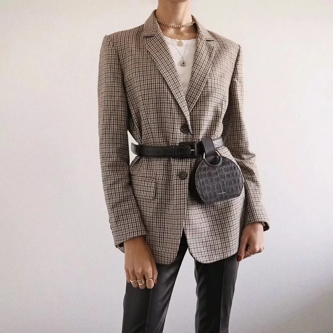 European Style Women's Plaid Woolen Coat Flocking Design Long Sleeve V-Neck Loose Fit Commute Fashion Single Button display picture 16