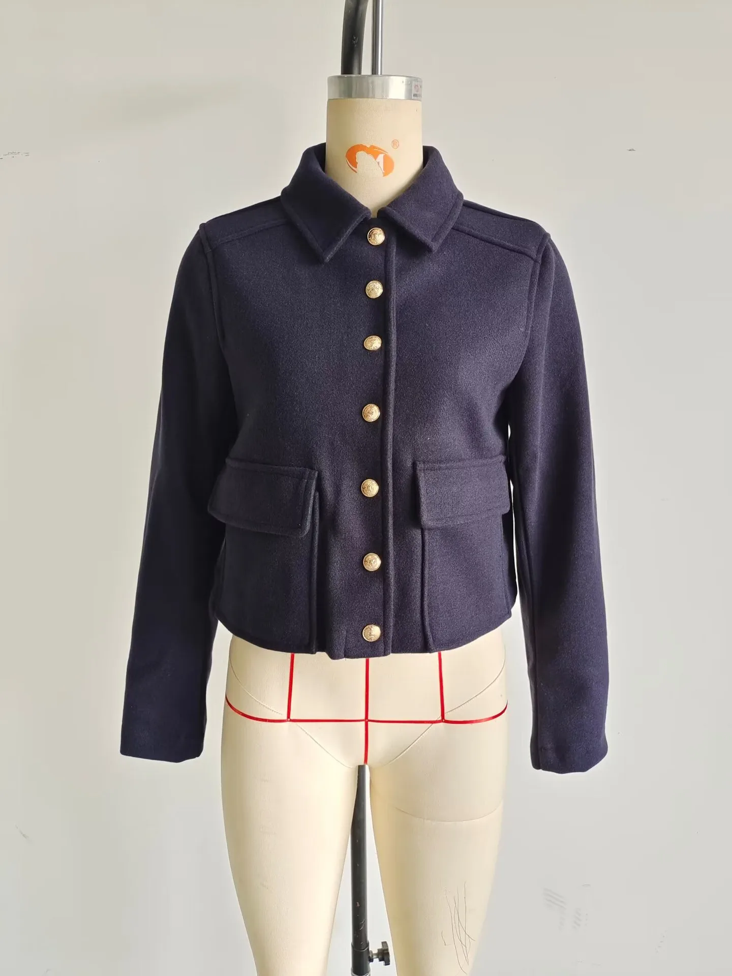 Fashionable Soft Metal Buckle Decorative Jacket Elegant Long Sleeve Short Length Polyester Women's Outerwear Pure Color display picture 15