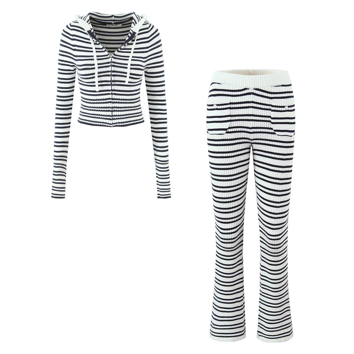 Indigo Striped Zipper Knitted Hoodie Pants Women's Fashion Casual Set Street Style High Street Polyester Fabric No Sleeve display picture 1