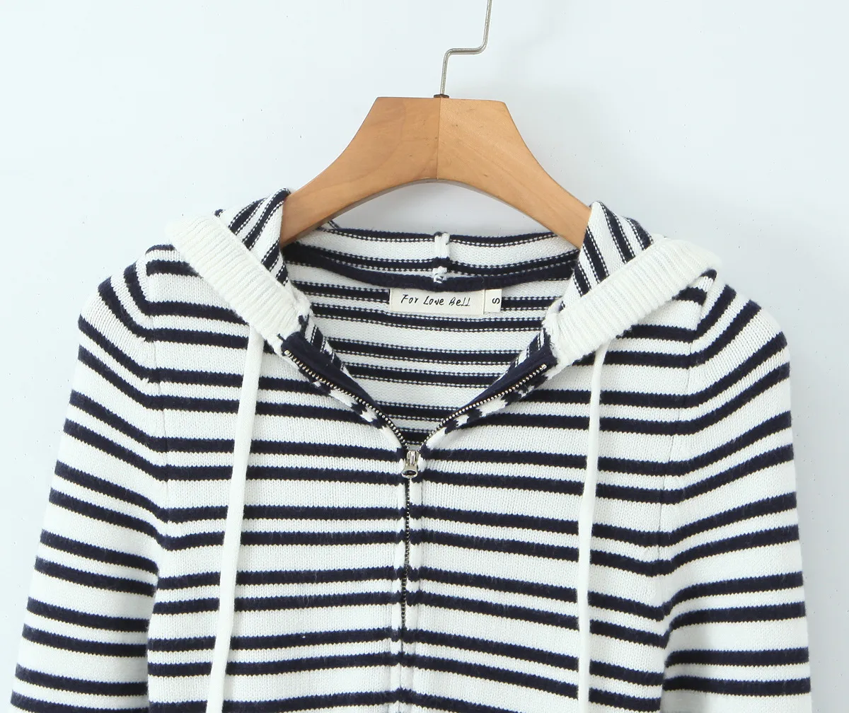 Indigo Striped Zipper Knitted Hoodie Pants Women's Fashion Casual Set Street Style High Street Polyester Fabric No Sleeve display picture 4