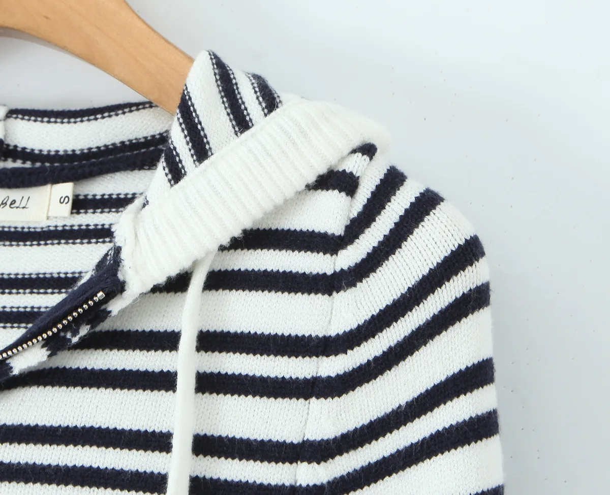 Indigo Striped Zipper Knitted Hoodie Pants Women's Fashion Casual Set Street Style High Street Polyester Fabric No Sleeve display picture 5