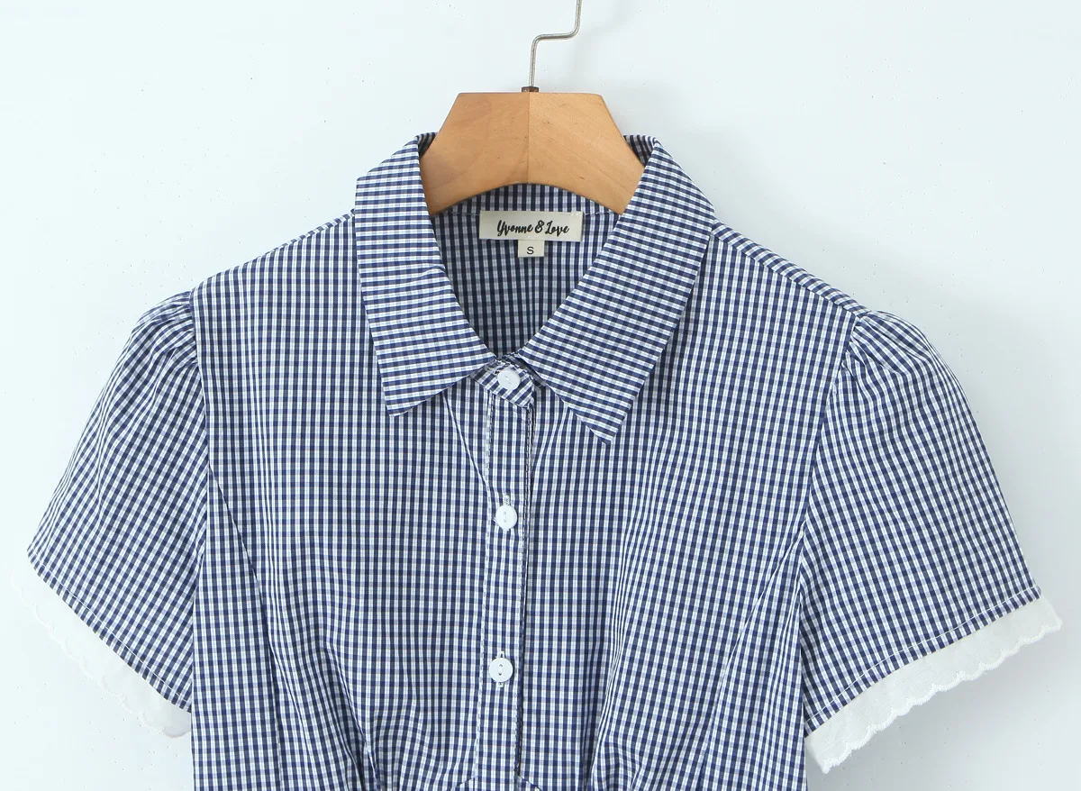 Slim Fit Plaid Set With Ruffle Wave Pattern Collar Long Sleeve Casual Fashion Women's Clothing Two Colors Available display picture 7
