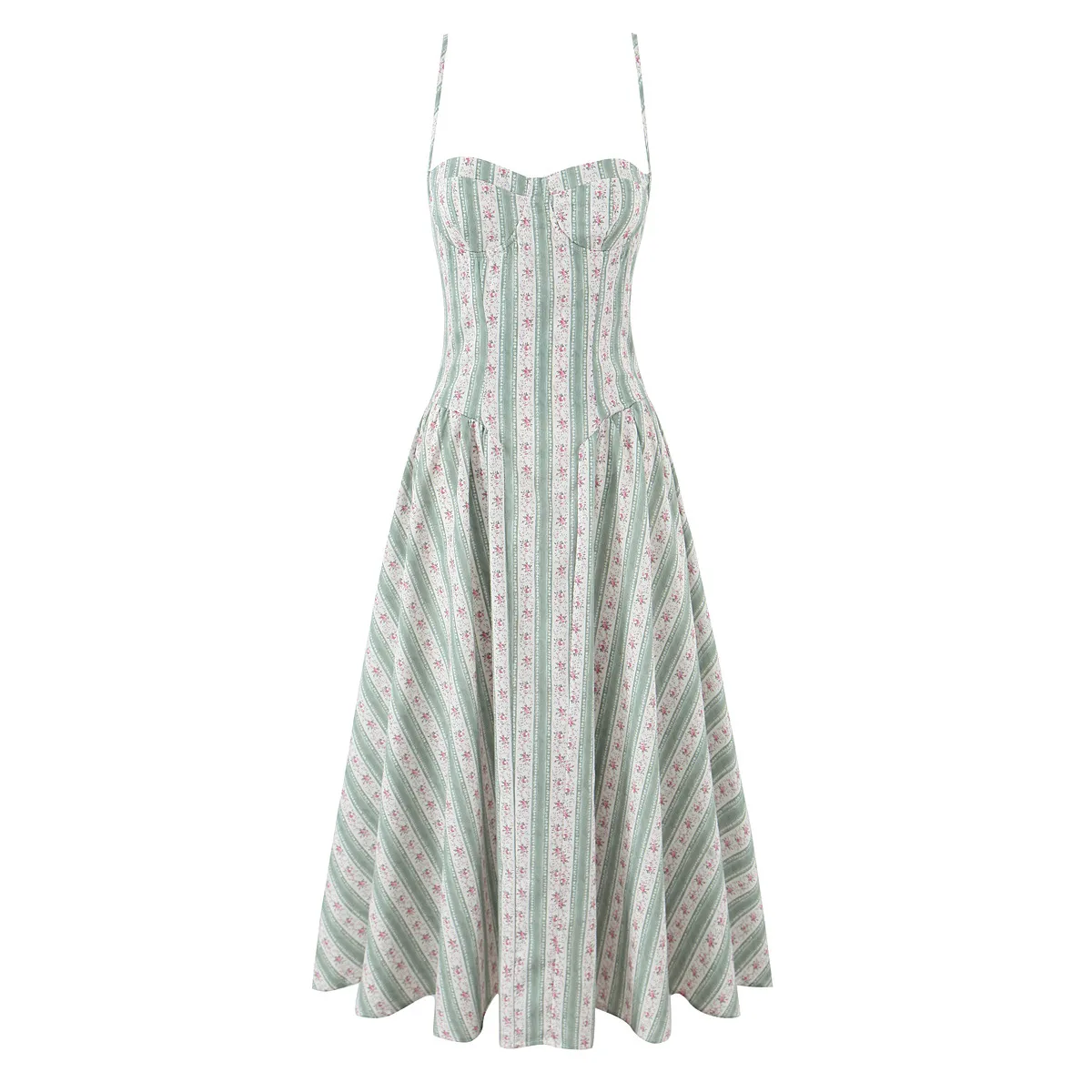 Elegant Green Striped Print 3D Steel Ring Waist Cinched Pleated Dress European Women's Fashion Floral Design V-neck Sleeveless Ankle-length display picture 1