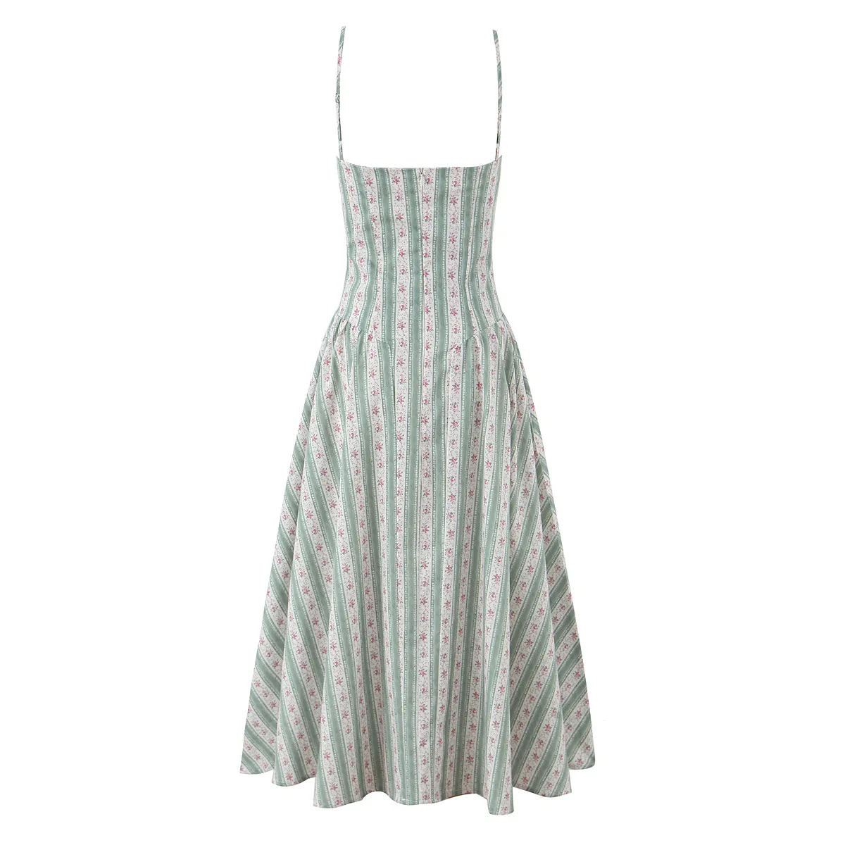 Elegant Green Striped Print 3D Steel Ring Waist Cinched Pleated Dress European Women's Fashion Floral Design V-neck Sleeveless Ankle-length display picture 2