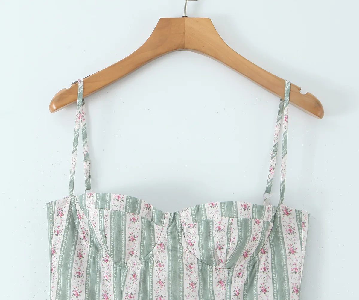 Elegant Green Striped Print 3D Steel Ring Waist Cinched Pleated Dress European Women's Fashion Floral Design V-neck Sleeveless Ankle-length display picture 3